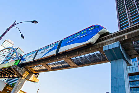 KUALA LUMPUR, MALAYSIA - January 21, 2020: KL Monorail train public transport passing through Bukit Bintang area. People can seen exploring around it.のeditorial素材