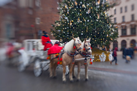 Horse carriages near St. Mary's Basilica and Christmas tree at Krakow market square, Poland.の写真素材