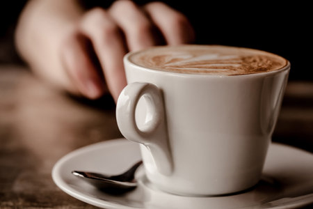 cup of cappuccino over wooden tableの写真素材
