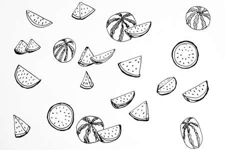 Lots of pen  graphic drawing of watermalon , black on white