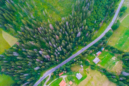 Forests, meadows  and hills of the Carpathian mountains taken with drone, Ukraine