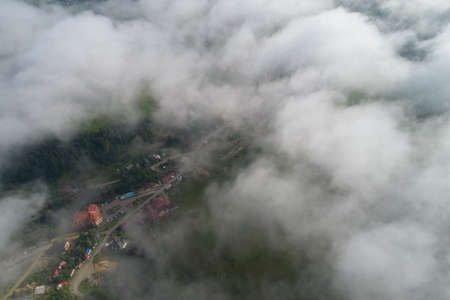 Carpathian mountains with clouds,  photo taken by droneの写真素材