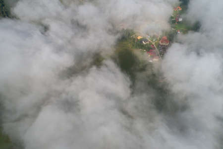 Carpathian mountains with clouds,  photo taken by droneの写真素材