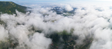 Carpathian mountains with clouds,  photo taken by droneの写真素材
