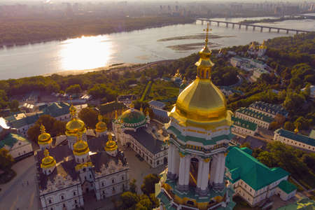 Kyivo-Pecherska Lavra and the Dnipro River , at sunrise time, taken with drone, Ukraineのeditorial素材