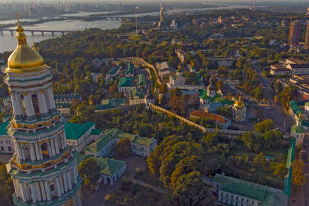 Kyivo-Pecherska Lavra and the Dnipro River , at sunrise time, taken with drone, Ukraineのeditorial素材