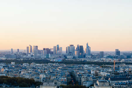 Paris, France - October 5, 2015: Sunset view from Eiffel tower to la Defence area in Paris as seen...