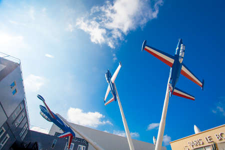 Airport Le Bourget, France - October 8, 2016 : Airplanes models at the main entrance to the famous aviation and cosmonautics museum at the airport Le Bourget,  one of the largest museums in the world, Paris, France.のeditorial素材