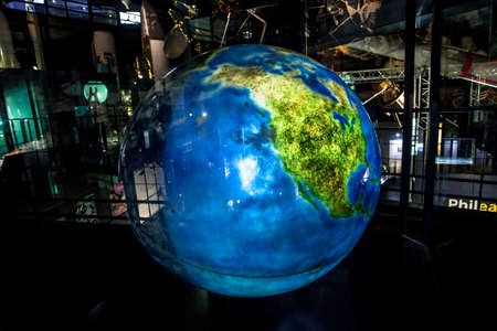 LE BOURGET,  PARIS, FRANCE - OCTOBER 8, 2016 : : Interior of the  Museum of comonautic and aviation Le Bourget, models of earth,  earth globe  in Parisのeditorial素材