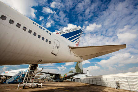 Le Bourget, Paris, France - October 8; 2016 : Aircrafts  in the Museum of Astronautics and Aviation Le Bourget.Visitors leave the planeのeditorial素材