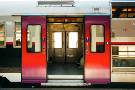 PARIS, FRANCE - OCTOBER 7, 2016: Special retro style interior od train  going to Versailles an d passengers going rto the Versailles palaceのeditorial素材