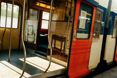 PARIS, FRANCE - OCTOBER 7, 2016: Special retro style interior od train  going to Versailles an d passengers going rto the Versailles palaceのeditorial素材