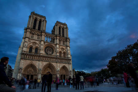 Notre Dame Cathedral at dusk in sunset time in Paris, Franceのeditorial素材
