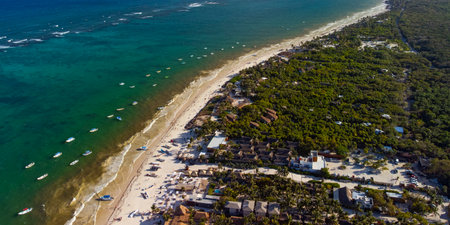 Tulum amazing jungle forest and Caribbean sea aerial view, drone, Mexicoの写真素材