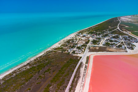 Pink lakes and ocean, nature  in Las Coloradas, Mexicoの写真素材