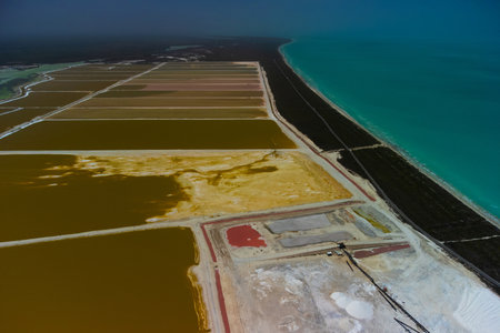 Pink lakes and ocean, nature  in Las Coloradas, Mexicoの写真素材