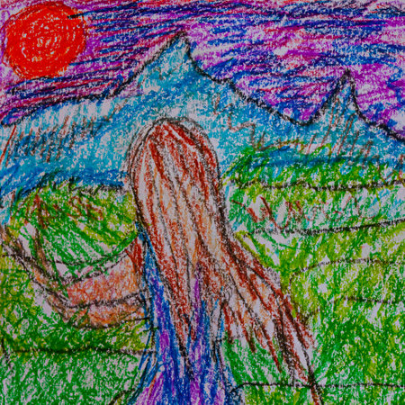 Woman watching on the bright sun in the mountains, drawingの写真素材