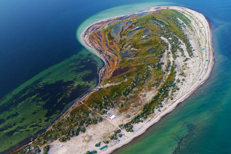 Aerial view of Dzharylgach island in summer, taken with drone. Ukraineの写真素材