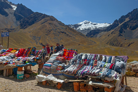 PERU - April 30, 2022: Souvenirs store on the view point in Andes Mountains on the way from Puno to Cusco, Peruのeditorial素材
