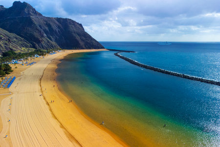 Teresitas Beach aerial View taken with Drone. Tenerife Canary Island, Spain