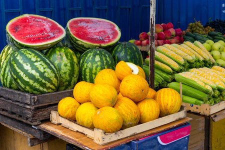 Summer market with watermelons and melonsの写真素材