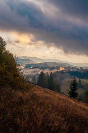 Sunrise misty morning taken in Carpathian mountains, Ukraineの写真素材