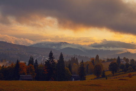 Sunrise misty morning taken in Carpathian mountains, Ukraine