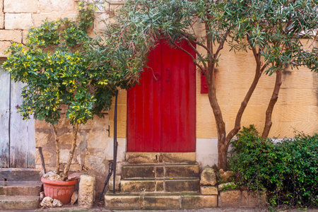 Red doors on the Narrow street of ancient city Rabat with traditional maltese houses built of limestone, Victoria, Maltaの写真素材