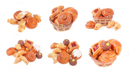 Bakery foodstuffs set on a white backgroundの写真素材