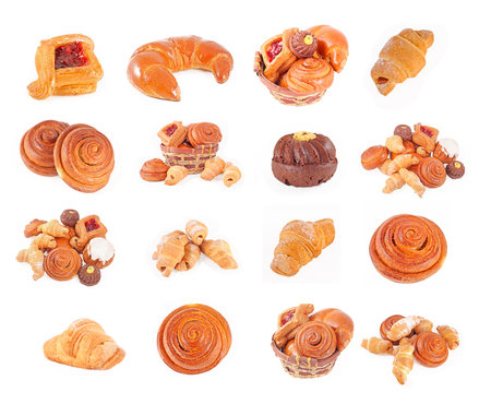 Bakery foodstuffs set on a white backgroundの写真素材