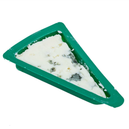 Wedge of soft blue cheese  in green box with mold isolated on white background.の写真素材