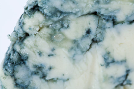 Wedge of soft blue cheese  in green box with mold isolated on white background.の写真素材