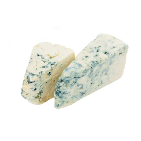 Wedge of soft blue cheese with mold isolated on white background.の写真素材