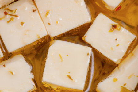 Feta cheese in oil with spicesの写真素材