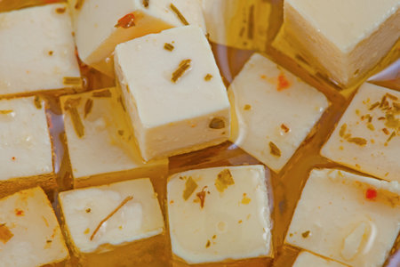 Feta cheese in oil with spicesの写真素材