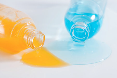 Spilled bottles of colorful shampoo, on whiteの写真素材
