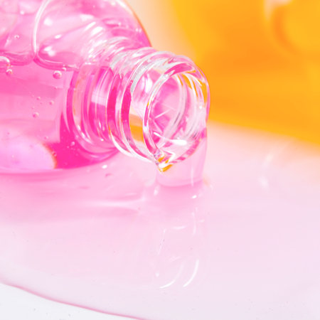 Spilled bottles of colorful shampoo, on whiteの写真素材