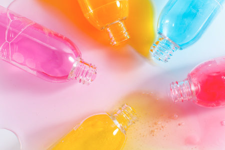 Spilled bottles of colorful shampoo, on whiteの写真素材