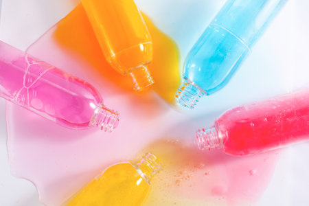 Spilled bottles of colorful shampoo, on whiteの写真素材