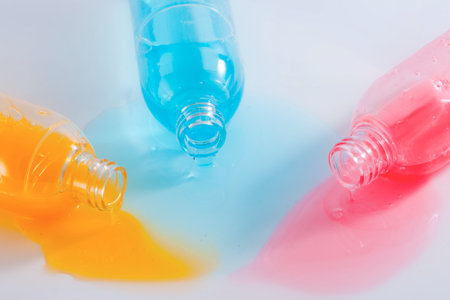 Spilled bottles of colorful shampoo, on whiteの写真素材