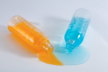 Spilled bottles of colorful shampoo, on whiteの写真素材