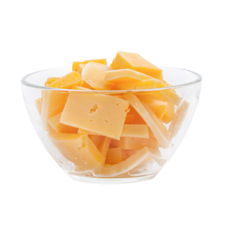 Slices of cheese in glass plateの写真素材