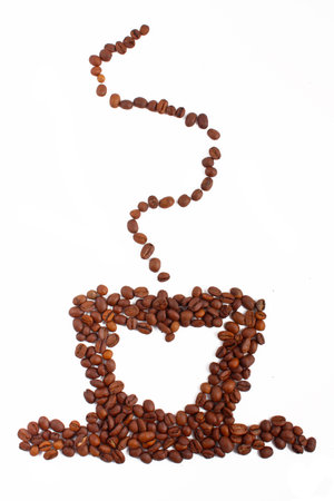 Coffee cup made of beans on white backgroundの写真素材