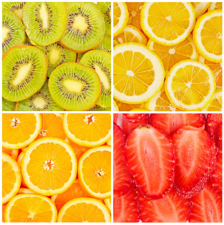 set of tasty healthy fruits bright backgroundsの写真素材