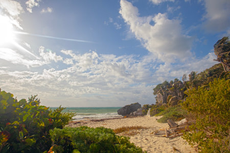 Ancient Tulum ruins near the Ocean on the Yucatan , Mexicoの写真素材