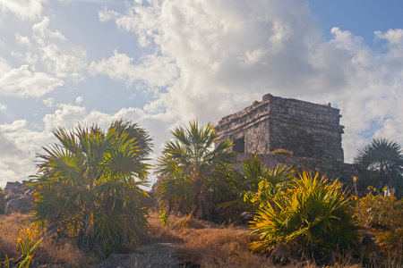 Ancient Tulum ruins near the Ocean on the Yucatan , Mexicoの写真素材