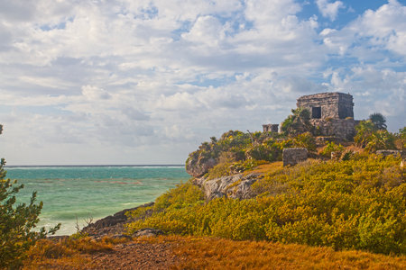 Ancient Tulum ruins near the Ocean on the Yucatan , Mexicoの写真素材