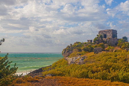 Ancient Tulum ruins near the Ocean on the Yucatan , Mexicoの写真素材