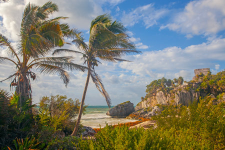 Ancient Tulum ruins near the Ocean on the Yucatan , Mexicoの写真素材