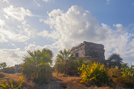 Ancient Tulum ruins near the Ocean on the Yucatan , Mexicoの写真素材